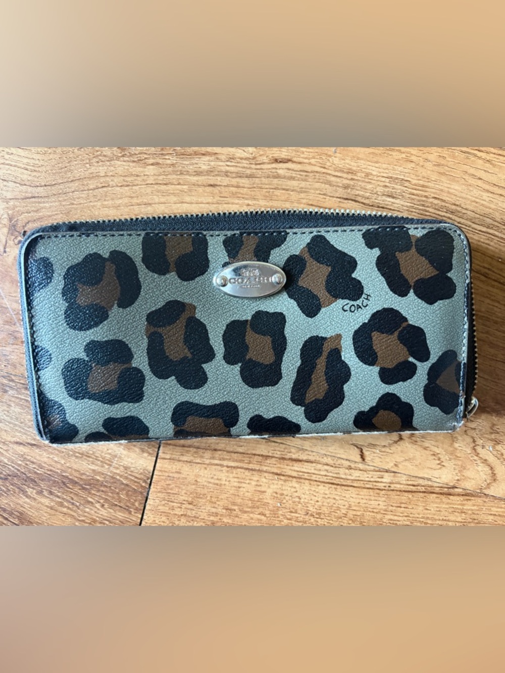 Coach Gray Leopard Print Zip Wristlet with Silver Plaque